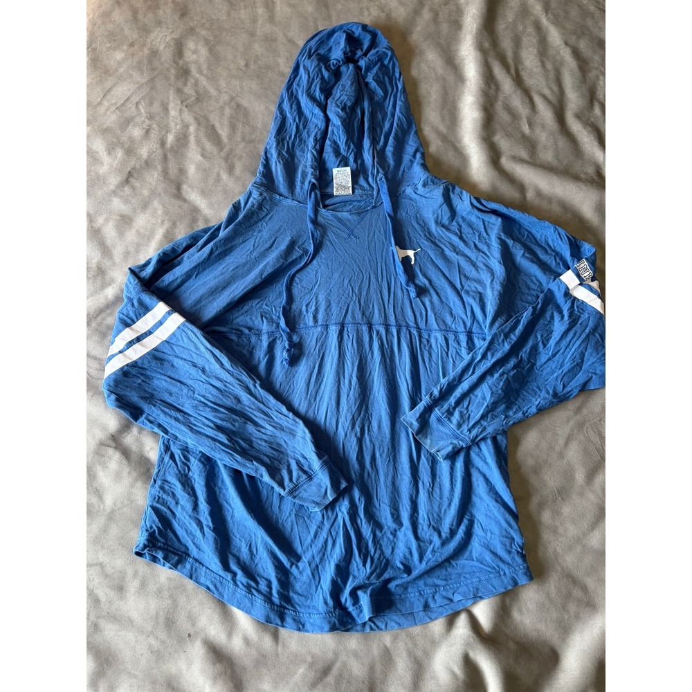 Victoria's Secret PINK Blue Long Sleeve Hooded Tee White Stripes Dog Logo Large
